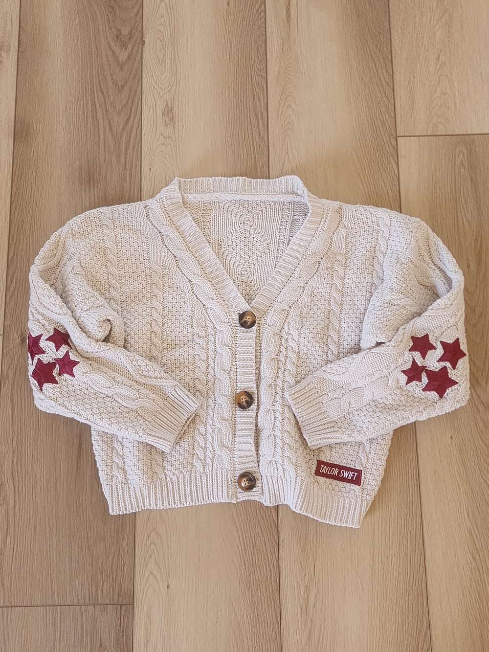 Taylor Swift Red Star Accents Cream Cable-Knit Cardigan-Size XS/S
